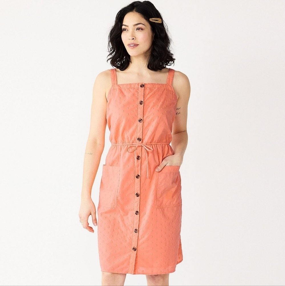 Sonoma Orange Floral Embroidered Print Button-Front Tank Dress Large New